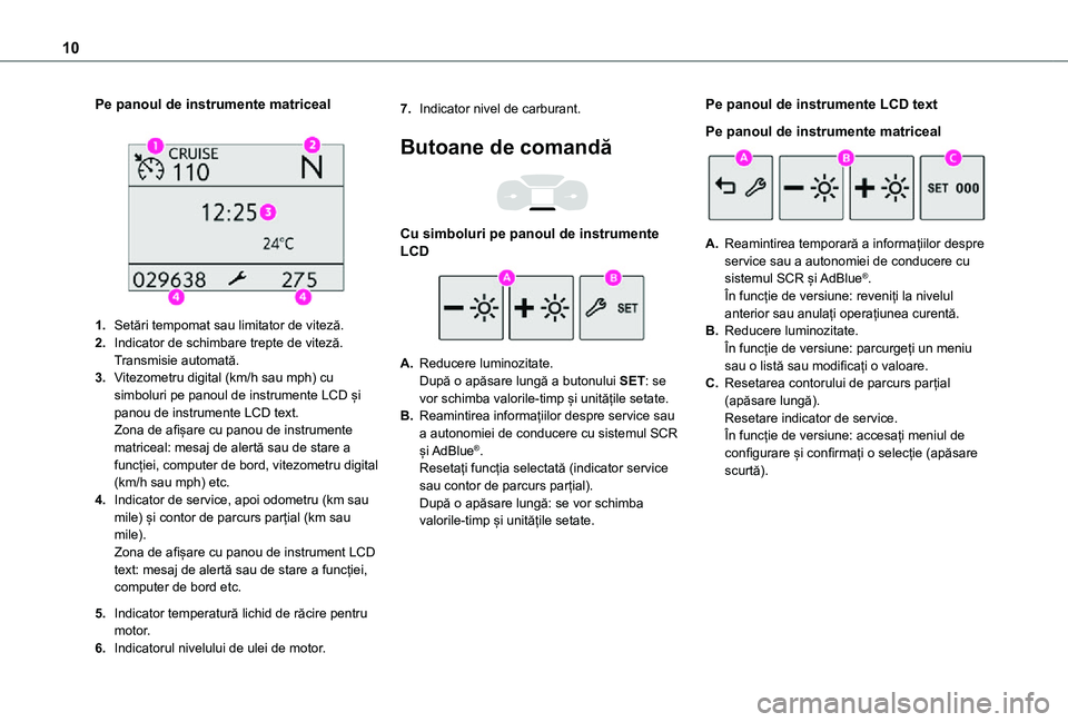 TOYOTA PROACE CITY VERSO 2021 Manual de utilizare (in Romanian) 10
Pe panoul de instrumente matriceal
1.Setări tempomat sau limitator de viteză.
2.Indicator de schimbare trepte de viteză.Transmisie automată.
3.Vitezometru digital (km/h sau mph) cu simboluri TOYOTA PROACE CITY VERSO 2021 Manual de utilizare (in Romanian) 10
Pe panoul de instrumente matriceal
1.Setări tempomat sau limitator de viteză.
2.Indicator de schimbare trepte de viteză.Transmisie automată.
3.Vitezometru digital (km/h sau mph) cu simboluri