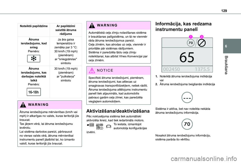 TOYOTA PROACE CITY VERSO 2021 Lietošanas Instrukcija (in Latvian) 129
Braukšana
6
Noteiktā papildzīmeAr papildzīmi saistītā ātruma rādījums
Ātruma ierobežojums, kad sniegPiemērs:
Ja āra gaisa temperatūra ir zemāka par 3 °C:30 km/h (19 mph) (piemē TOYOTA PROACE CITY VERSO 2021 Lietošanas Instrukcija (in Latvian) 129
Braukšana
6
Noteiktā papildzīmeAr papildzīmi saistītā ātruma rādījums
Ātruma ierobežojums, kad sniegPiemērs:
Ja āra gaisa temperatūra ir zemāka par 3 °C:30 km/h (19 mph) (piemē