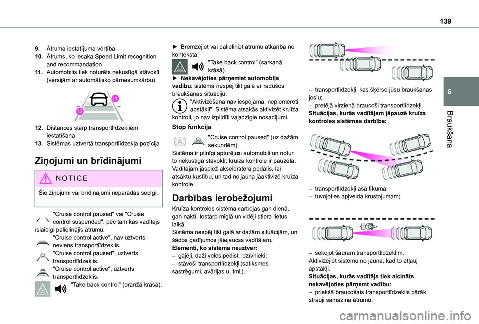 TOYOTA PROACE CITY VERSO 2021 Lietošanas Instrukcija (in Latvian) 139
Braukšana
6
9.Ātruma iestatījuma vērtība
10.Ātrums, ko iesaka Speed Limit recognition and recommandation
11 .Automobilis tiek noturēts nekustīgā stāvoklī (versijām ar automātisko pār TOYOTA PROACE CITY VERSO 2021 Lietošanas Instrukcija (in Latvian) 139
Braukšana
6
9.Ātruma iestatījuma vērtība
10.Ātrums, ko iesaka Speed Limit recognition and recommandation
11 .Automobilis tiek noturēts nekustīgā stāvoklī (versijām ar automātisko pār