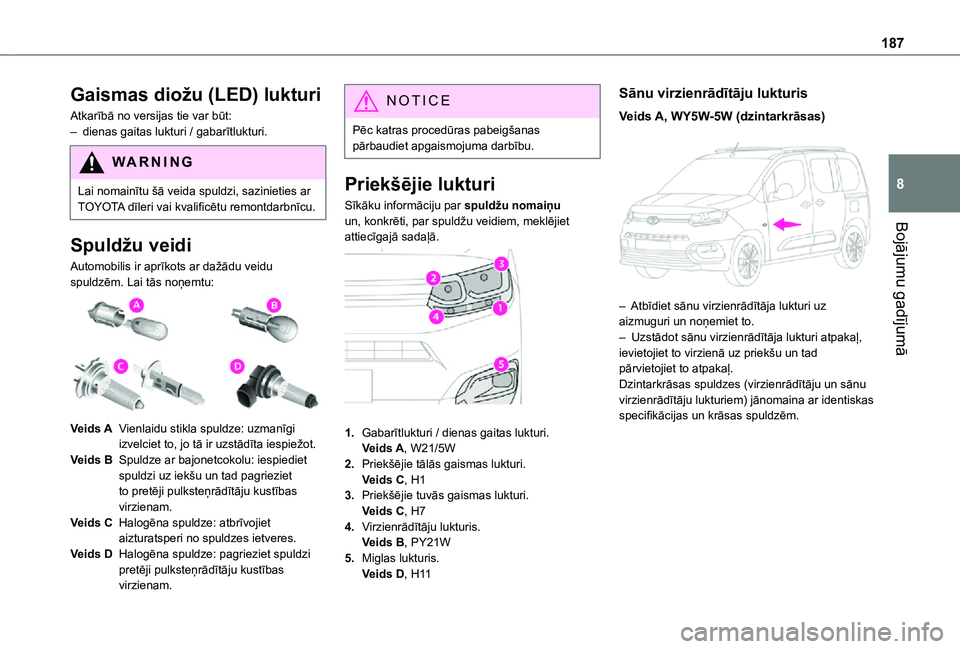 TOYOTA PROACE CITY VERSO 2021 Lietošanas Instrukcija (in Latvian) 187
Bojājumu gadījumā
8
Gaismas diožu (LED) lukturi
Atkarībā no versijas tie var būt:– dienas gaitas lukturi / gabarītlukturi.
WARNI NG
Lai nomainītu šā veida spuldzi, sazinieties ar TOYO TOYOTA PROACE CITY VERSO 2021 Lietošanas Instrukcija (in Latvian) 187
Bojājumu gadījumā
8
Gaismas diožu (LED) lukturi
Atkarībā no versijas tie var būt:– dienas gaitas lukturi / gabarītlukturi.
WARNI NG
Lai nomainītu šā veida spuldzi, sazinieties ar TOYO