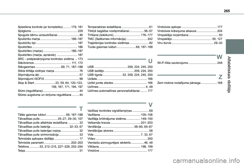 TOYOTA PROACE CITY VERSO 2021 Lietošanas Instrukcija (in Latvian) 265
Alfabētiskais rādītājs
Spiediena kontrole (ar komplektu) 179, 181Spilgtums 229Spogulis bērnu uzraudzīšanai 46Spuldzīšu maiņa 186–187Spuldzīšu tipi 187Spuldzītes 186Spuld TOYOTA PROACE CITY VERSO 2021 Lietošanas Instrukcija (in Latvian) 265
Alfabētiskais rādītājs
Spiediena kontrole (ar komplektu) 179, 181Spilgtums 229Spogulis bērnu uzraudzīšanai 46Spuldzīšu maiņa 186–187Spuldzīšu tipi 187Spuldzītes 186Spuld