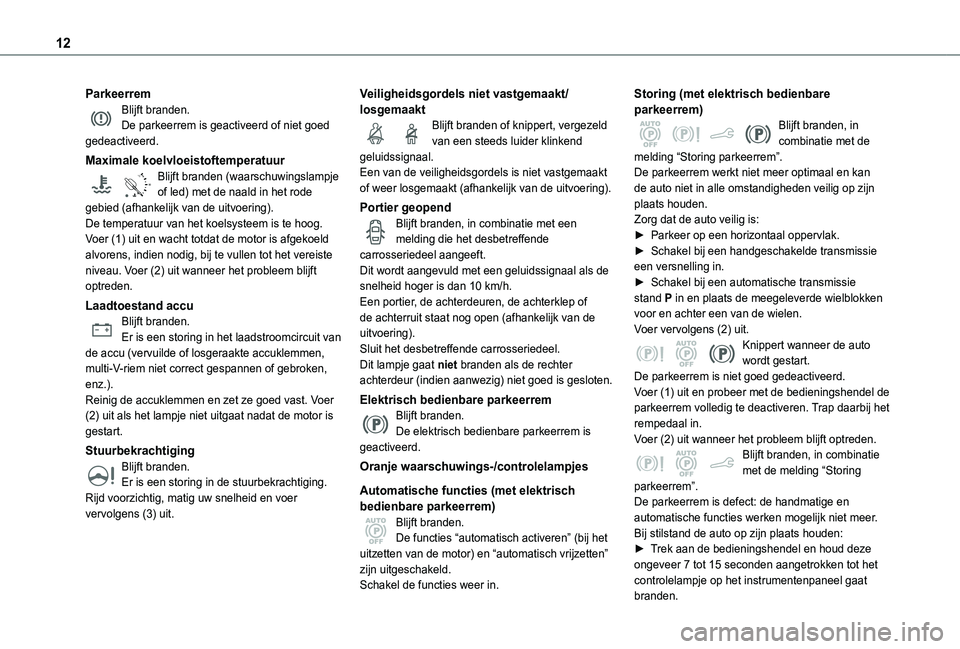 TOYOTA PROACE CITY VERSO 2021 Instructieboekje (in Dutch) 12
ParkeerremBlijft branden.De parkeerrem is geactiveerd of niet goed gedeactiveerd.
Maximale koelvloeistoftemperatuur
90°CBlijft branden (waarschuwingslampje of led) met de naald in het rode gebied TOYOTA PROACE CITY VERSO 2021 Instructieboekje (in Dutch) 12
ParkeerremBlijft branden.De parkeerrem is geactiveerd of niet goed gedeactiveerd.
Maximale koelvloeistoftemperatuur
90°CBlijft branden (waarschuwingslampje of led) met de naald in het rode gebied