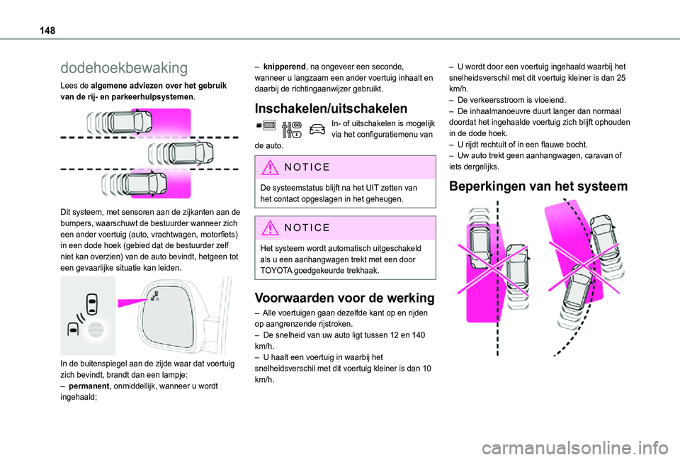 TOYOTA PROACE CITY VERSO 2021 Instructieboekje (in Dutch) 148
dodehoekbewaking
Lees de algemene adviezen over het gebruik van de rij- en parkeerhulpsystemen.
Dit systeem, met sensoren aan de zijkanten aan de bumpers, waarschuwt de bestuurder wanneer zich TOYOTA PROACE CITY VERSO 2021 Instructieboekje (in Dutch) 148
dodehoekbewaking
Lees de algemene adviezen over het gebruik van de rij- en parkeerhulpsystemen.
Dit systeem, met sensoren aan de zijkanten aan de bumpers, waarschuwt de bestuurder wanneer zich