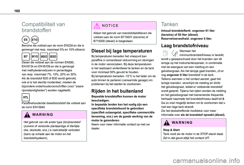 TOYOTA PROACE CITY VERSO 2021 Instructieboekje (in Dutch) 160
Compatibiliteit van
brandstoffen
Benzine die voldoet aan de norm EN228 en die is gemengd met resp. maximaal 5% en 10% ethanol.
Diesel die voldoet aan de normen EN590, EN16734 en EN16709 en di TOYOTA PROACE CITY VERSO 2021 Instructieboekje (in Dutch) 160
Compatibiliteit van
brandstoffen
Benzine die voldoet aan de norm EN228 en die is gemengd met resp. maximaal 5% en 10% ethanol.
Diesel die voldoet aan de normen EN590, EN16734 en EN16709 en di