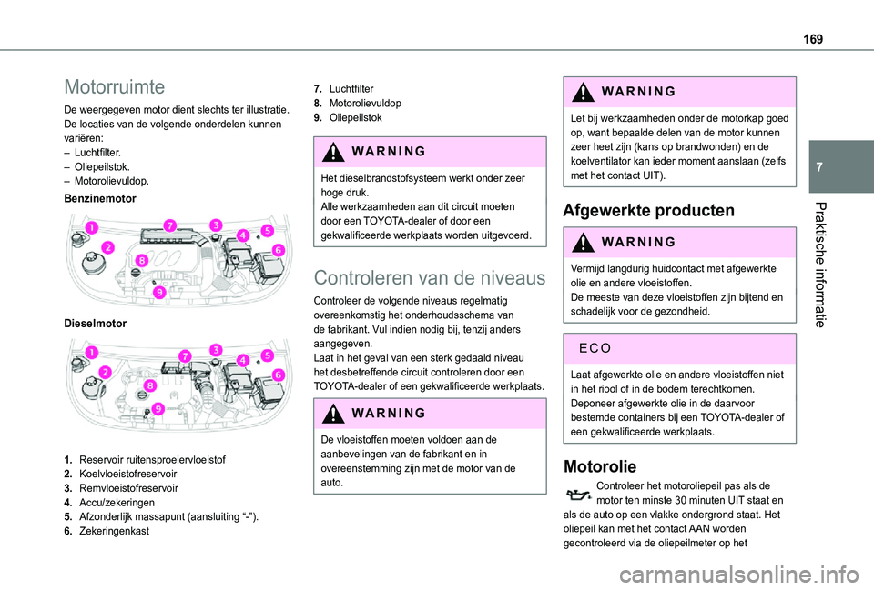 TOYOTA PROACE CITY VERSO 2021 Instructieboekje (in Dutch) 169
Praktische informatie
7
Motorruimte
De weergegeven motor dient slechts ter illustratie.De locaties van de volgende onderdelen kunnen variëren:– Luchtfilter.– Oliepeilstok.– Motorolievuldop. TOYOTA PROACE CITY VERSO 2021 Instructieboekje (in Dutch) 169
Praktische informatie
7
Motorruimte
De weergegeven motor dient slechts ter illustratie.De locaties van de volgende onderdelen kunnen variëren:– Luchtfilter.– Oliepeilstok.– Motorolievuldop.