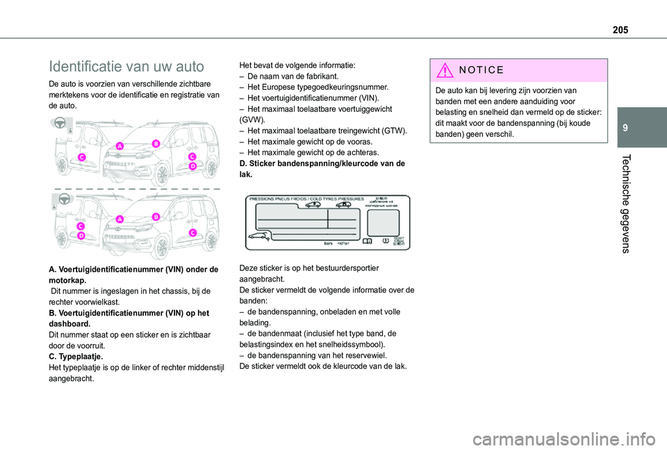 TOYOTA PROACE CITY VERSO 2021 Instructieboekje (in Dutch) 205
Technische gegevens
9
Identificatie van uw auto
De auto is voorzien van verschillende zichtbare merktekens voor de identificatie en registratie van de auto.
A. Voertuigidentificatienummer (VIN) TOYOTA PROACE CITY VERSO 2021 Instructieboekje (in Dutch) 205
Technische gegevens
9
Identificatie van uw auto
De auto is voorzien van verschillende zichtbare merktekens voor de identificatie en registratie van de auto.
A. Voertuigidentificatienummer (VIN)