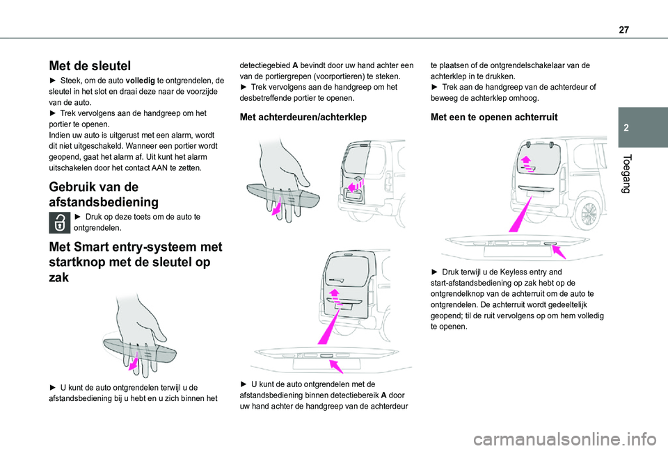 TOYOTA PROACE CITY VERSO 2021 Instructieboekje (in Dutch) 27
Toegang
2
Met de sleutel
► Steek, om de auto volledig te ontgrendelen, de sleutel in het slot en draai deze naar de voorzijde van de auto.► Trek vervolgens aan de handgreep om het portier te op TOYOTA PROACE CITY VERSO 2021 Instructieboekje (in Dutch) 27
Toegang
2
Met de sleutel
► Steek, om de auto volledig te ontgrendelen, de sleutel in het slot en draai deze naar de voorzijde van de auto.► Trek vervolgens aan de handgreep om het portier te op