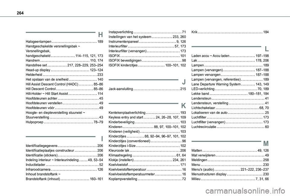TOYOTA PROACE CITY VERSO 2021 Instructieboekje (in Dutch) 264
H
Halogeenlampen 189Handgeschakelde versnellingsbak ~ Versnellingsbak, handgeschakeld 11 4–11 5, 121, 173Handrem 11 0, 174Handsfree set 217, 228–229, 253–254Head-up display 123– TOYOTA PROACE CITY VERSO 2021 Instructieboekje (in Dutch) 264
H
Halogeenlampen 189Handgeschakelde versnellingsbak ~ Versnellingsbak, handgeschakeld 11 4–11 5, 121, 173Handrem 11 0, 174Handsfree set 217, 228–229, 253–254Head-up display 123–