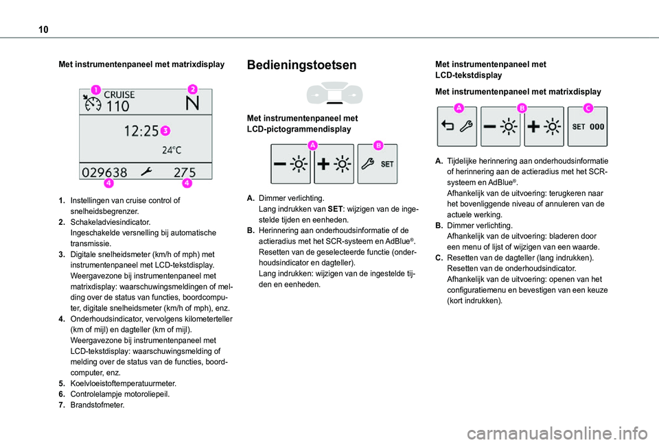 TOYOTA PROACE CITY VERSO 2021  Instructieboekje (in Dutch) 10
Met instrumentenpaneel met matrixdisplay 
 
1.Instellingen van cruise control of snelheidsbegrenzer.
2.Schakeladviesindicator.Ingeschakelde versnelling bij automatische transmissie.
3.Digitale snel