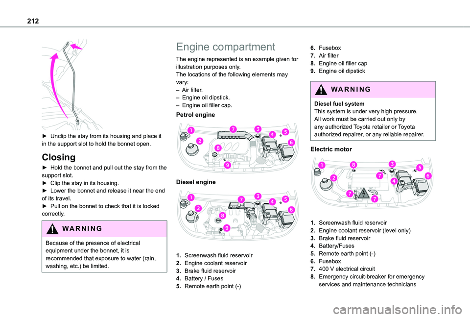 TOYOTA PROACE CITY VERSO EV 2021  Owners Manual 212
 
► Unclip the stay from its housing and place it in the support slot to hold the bonnet open.
Closing
► Hold the bonnet and pull out the stay from the support slot.► Clip the stay in its ho