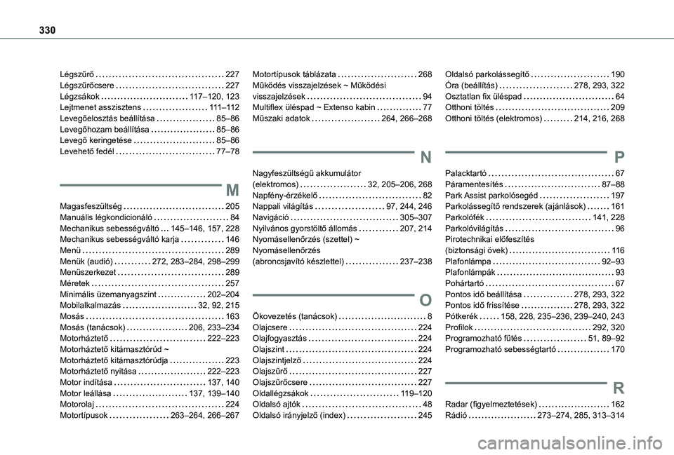 TOYOTA PROACE CITY VERSO EV 2021  Kezelési útmutató (in Hungarian) 330
Légszűrő   227Légszűrőcsere   227Légzsákok   11 7–120, 123Lejtmenet asszisztens   111–11 2Levegőelosztás beállítása   85–86Levegőhozam beállítása   85–86Levegő keringeté