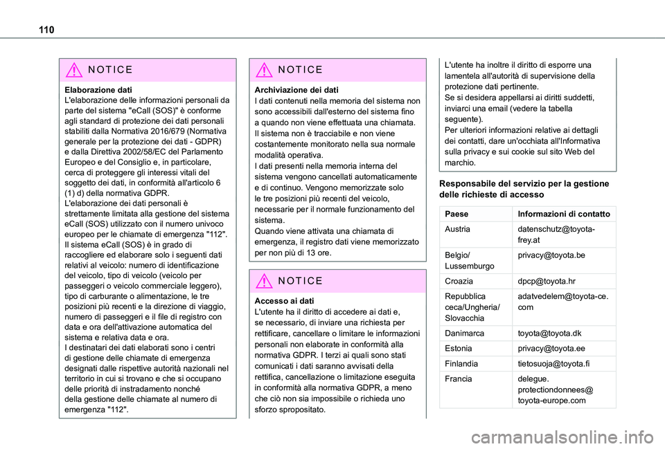 TOYOTA PROACE CITY VERSO EV 2021  Manuale duso (in Italian) 11 0
NOTIC E
Elaborazione datiL'elaborazione delle informazioni personali da parte del sistema "eCall (SOS)" è conforme agli standard di protezione dei dati personali stabiliti dalla Norm