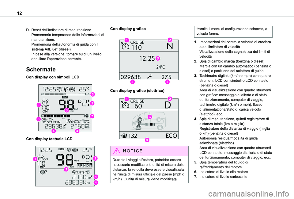 TOYOTA PROACE CITY VERSO EV 2021  Manuale duso (in Italian) 12
D.Reset dell'indicatore di manutenzione.Promemoria temporaneo delle informazioni di manutenzione.Promemoria dell'autonomia di guida con il sistema AdBlue® (diesel).In base alla versione: t