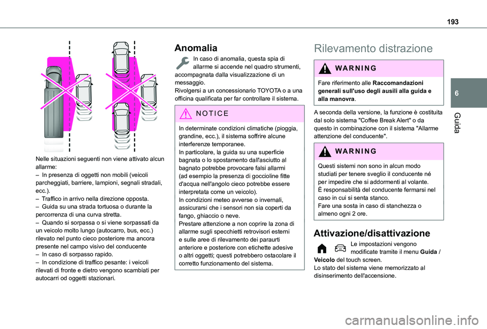 TOYOTA PROACE CITY VERSO EV 2021 Manuale duso (in Italian) 193
Guida
6
Nelle situazioni seguenti non viene attivato alcun allarme:– In presenza di oggetti non mobili (veicoli parcheggiati, barriere, lampioni, segnali stradali, ecc.).– Traffico in arrivo TOYOTA PROACE CITY VERSO EV 2021 Manuale duso (in Italian) 193
Guida
6
Nelle situazioni seguenti non viene attivato alcun allarme:– In presenza di oggetti non mobili (veicoli parcheggiati, barriere, lampioni, segnali stradali, ecc.).– Traffico in arrivo