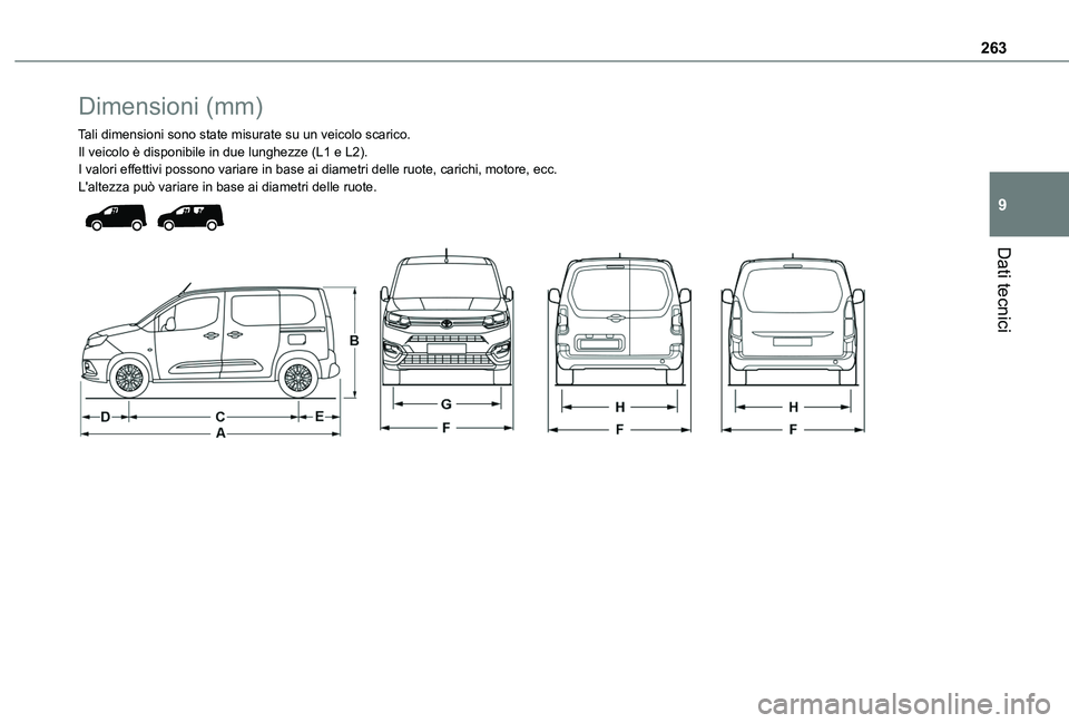 TOYOTA PROACE CITY VERSO EV 2021  Manuale duso (in Italian) 263
Dati tecnici
9
Dimensioni (mm)
Tali dimensioni sono state misurate su un veicolo scarico.Il veicolo è disponibile in due lunghezze (L1 e L2).I valori effettivi possono variare in base ai diametri