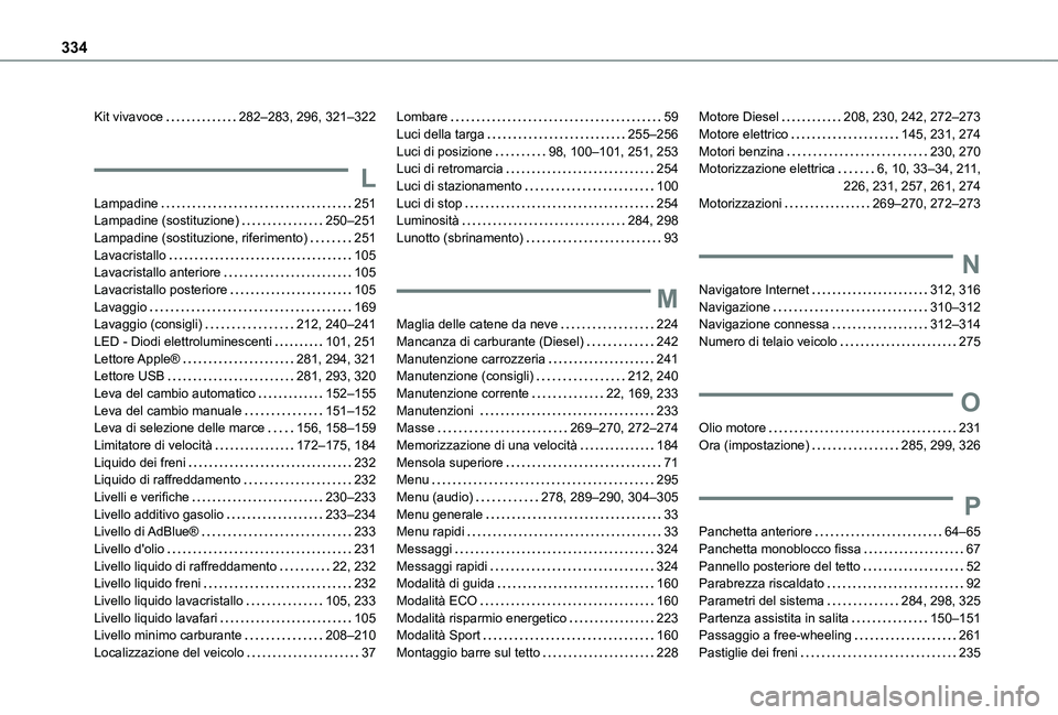 TOYOTA PROACE CITY VERSO EV 2021  Manuale duso (in Italian) 334
Kit vivavoce   282–283, 296, 321–322
L
Lampadine   251Lampadine (sostituzione)   250–251Lampadine (sostituzione, riferimento)   251Lavacristallo   105Lavacristallo anteriore   105Lavacristal