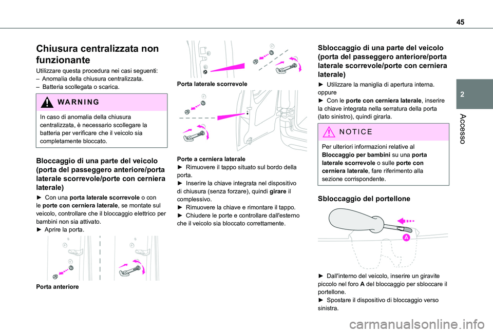 TOYOTA PROACE CITY VERSO EV 2021  Manuale duso (in Italian) 45
Accesso
2
Chiusura centralizzata non 
funzionante
Utilizzare questa procedura nei casi seguenti:– Anomalia della chiusura centralizzata.–  Batteria scollegata o scarica.
WARNI NG
In caso di ano