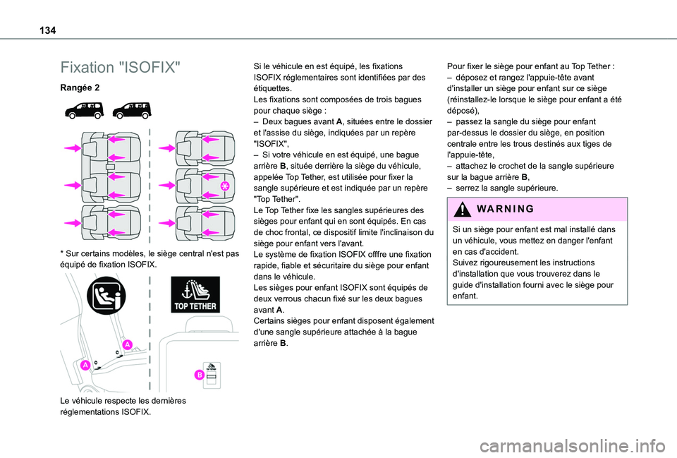 TOYOTA PROACE CITY VERSO EV 2021  Notices Demploi (in French) 134
Fixation "ISOFIX"
Rangée 2 
  
 
* Sur certains modèles, le siège central n'est pas équipé de fixation ISOFIX. 
 
Le véhicule respecte les dernières réglementations ISOFIX.
Si 
