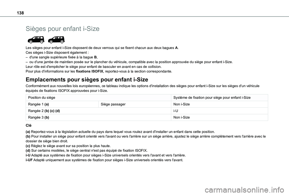 TOYOTA PROACE CITY VERSO EV 2021  Notices Demploi (in French) 138
Sièges pour enfant i-Size 
 
Les sièges pour enfant i-Size disposent de deux verrous qui se fixent chacun aux deux bagues A.Ces sièges i-Size disposent également :– d'une sangle supérie