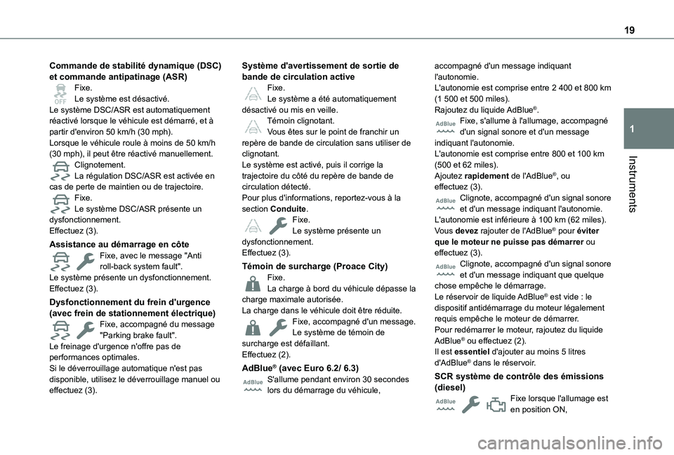 TOYOTA PROACE CITY VERSO EV 2021  Notices Demploi (in French) 19
Instruments
1
Commande de stabilité dynamique (DSC) et commande antipatinage (ASR)Fixe.Le système est désactivé.Le système DSC/ASR est automatiquement réactivé lorsque le véhicule est déma