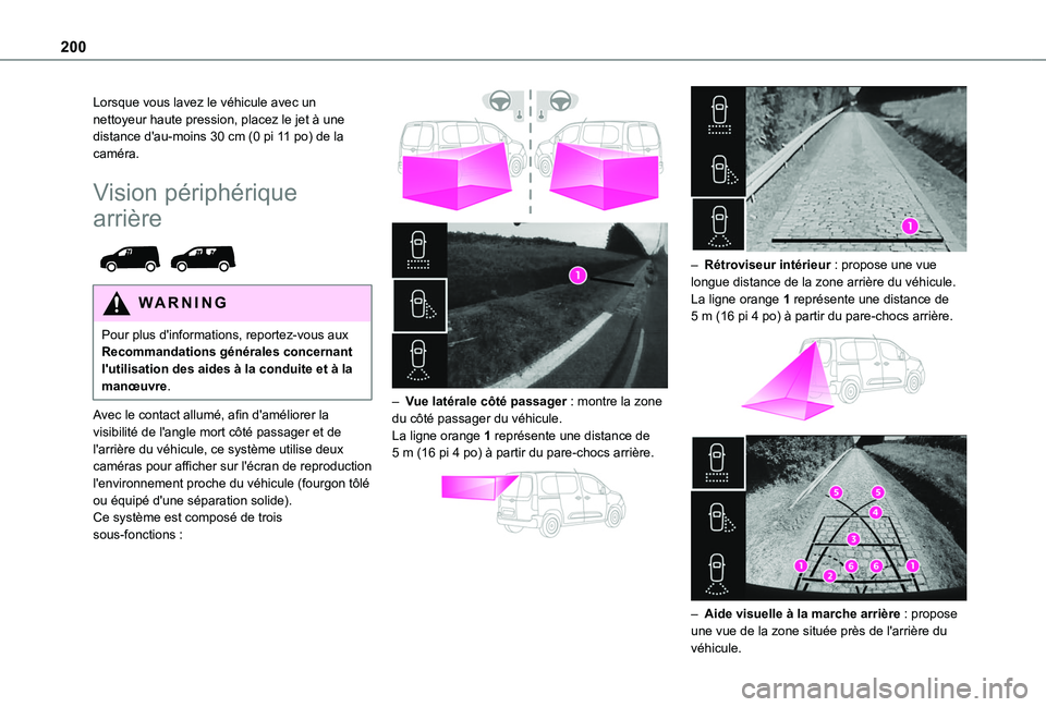 TOYOTA PROACE CITY VERSO EV 2021  Notices Demploi (in French) 200
Lorsque vous lavez le véhicule avec un nettoyeur haute pression, placez le jet à une distance d'au-moins 30 cm (0 pi 11 po) de la caméra.
Vision périphérique 
arrière 
 
WARNI NG
Pour pl