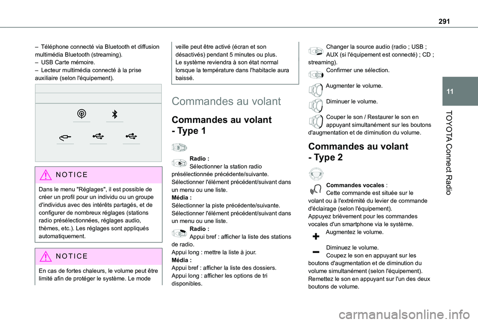 TOYOTA PROACE CITY VERSO EV 2021  Notices Demploi (in French) 291
TOYOTA Connect Radio
11
– Téléphone connecté via Bluetooth et diffusion multimédia Bluetooth (streaming).–  USB Carte mémoire.– Lecteur multimédia connecté à la prise auxiliaire (sel