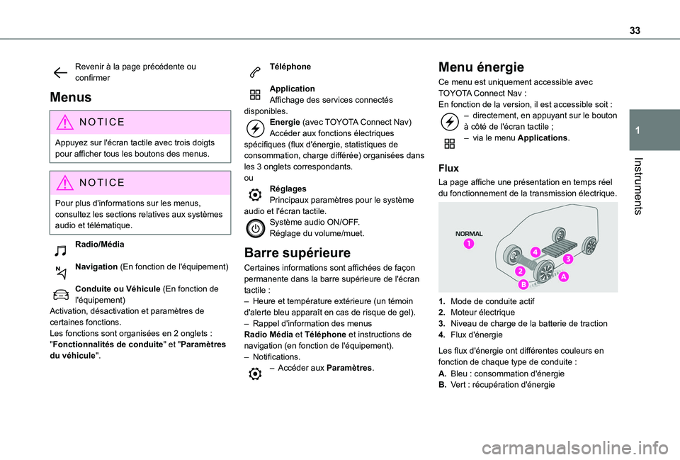 TOYOTA PROACE CITY VERSO EV 2021  Notices Demploi (in French) 33
Instruments
1
Revenir à la page précédente ou confirmer
Menus
NOTIC E
Appuyez sur l'écran tactile avec trois doigts pour afficher tous les boutons des menus.
NOTIC E
Pour plus d'informa