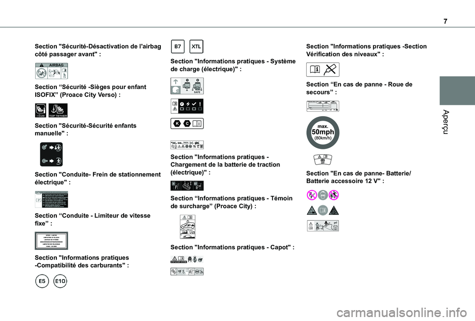 TOYOTA PROACE CITY VERSO EV 2021  Notices Demploi (in French) 7
Aperçu
Section "Sécurité-Désactivation de l'airbag côté passager avant" : 
 
Section “Sécurité -Sièges pour enfant ISOFIX” (Proace City Verso) : 
i-SizeTOP TETHER 
Section &