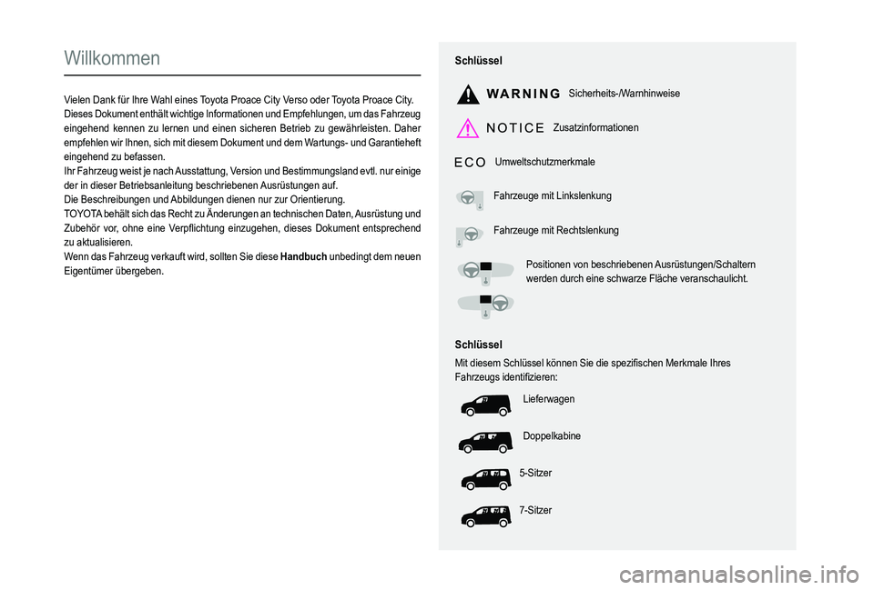 TOYOTA PROACE CITY VERSO EV 2021  Betriebsanleitungen (in German)  
  
 
  
 
  
  
  
  
   
   
 
  
   
   
   
Willkommen
Vielen Dank für Ihre Wahl eines Toyota Proace City Verso oder Toyota Proace City.Dieses Dokument enthält wichtige Informationen und Empfeh