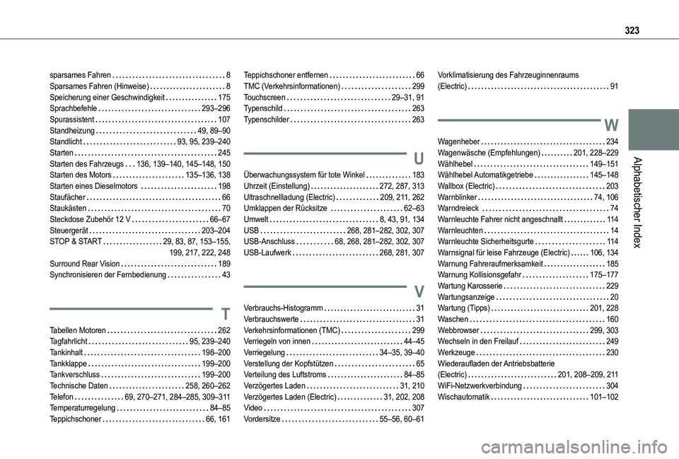 TOYOTA PROACE CITY VERSO EV 2021 Betriebsanleitungen (in German) 323
Alphabetischer Index
sparsames Fahren 8Sparsames Fahren (Hinweise) 8Speicherung einer Geschwindigkeit 175Sprachbefehle 293–296Spurassistent 107Standheizung 49, 89–90Standlicht 93 TOYOTA PROACE CITY VERSO EV 2021 Betriebsanleitungen (in German) 323
Alphabetischer Index
sparsames Fahren 8Sparsames Fahren (Hinweise) 8Speicherung einer Geschwindigkeit 175Sprachbefehle 293–296Spurassistent 107Standheizung 49, 89–90Standlicht 93