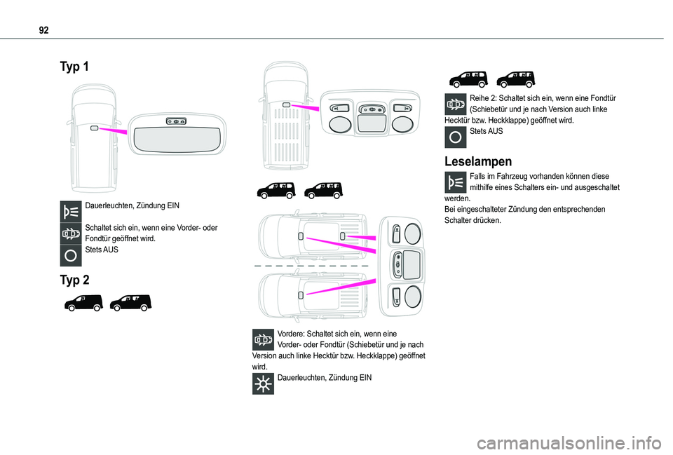 TOYOTA PROACE CITY VERSO EV 2021 Betriebsanleitungen (in German) 92
Typ 1
Dauerleuchten, Zündung EIN
Schaltet sich ein, wenn eine Vorder- oder Fondtür geöffnet wird.Stets AUS
Typ 2
Vordere: Schaltet sich ein, wenn eine Vorder- oder Fondtür (Sch TOYOTA PROACE CITY VERSO EV 2021 Betriebsanleitungen (in German) 92
Typ 1
Dauerleuchten, Zündung EIN
Schaltet sich ein, wenn eine Vorder- oder Fondtür geöffnet wird.Stets AUS
Typ 2
Vordere: Schaltet sich ein, wenn eine Vorder- oder Fondtür (Sch