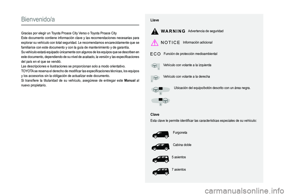 TOYOTA PROACE CITY VERSO EV 2021  Manuale de Empleo (in Spanish)  
  
 
  
 
  
  
  
  
   
   
 
  
   
   
   
Bienvenido/a
Gracias por elegir un Toyota Proace City Verso o Toyota Proace CityEste documento contiene información clave y las recomendaciones necesa