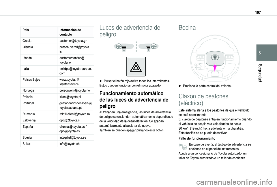 TOYOTA PROACE CITY VERSO EV 2021  Manuale de Empleo (in Spanish) 107
Seguridad
5
PaísInformación de contacto
Greciacustomer@toyota.gr
Islandiapersonuvernd@toyota.is
Irlandacustomerservice@toyota.ie
Italiatmi.dpo@toyota-europe.com
Países Bajoswww.toyota.nl/klante