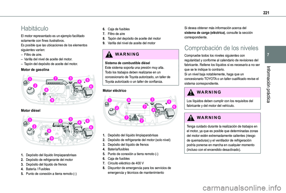 TOYOTA PROACE CITY VERSO EV 2021  Manuale de Empleo (in Spanish) 221
Información práctica
7
Habitáculo
El motor representado es un ejemplo facilitado solamente con fines ilustrativos.Es posible que las ubicaciones de los elementos siguientes varíen:– Filtro d