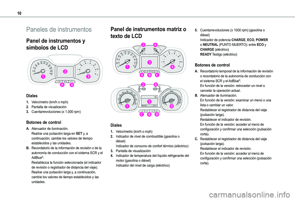 TOYOTA PROACE CITY VERSO EV 2021  Manuale de Empleo (in Spanish) 10
Paneles de instrumentos
Panel de instrumentos y 
símbolos de LCD 
 
Diales
1.Velocímetro (km/h o mph)
2.Pantalla de visualización
3.Cuentarrevoluciones (x 1.000 rpm)
Botones de control
A.Atenuad