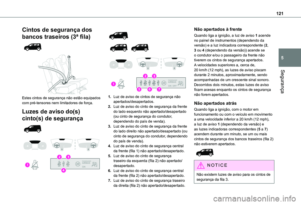 TOYOTA PROACE CITY VERSO EV 2021  Manual de utilização (in Portuguese) 121
Segurança
5
Cintos de segurança dos 
bancos traseiros (3ª fila) 
  
 
Estes cintos de segurança não estão equipados com pré-tensores nem limitadores de força.
Luzes de aviso do(s) 
cinto(s