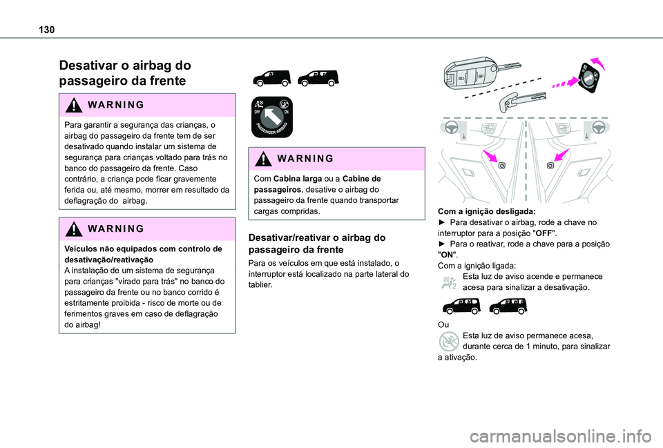 TOYOTA PROACE CITY VERSO EV 2021  Manual de utilização (in Portuguese) 130
Desativar o airbag do 
passageiro da frente
WARNI NG
Para garantir a segurança das crianças, o airbag do passageiro da frente tem de ser desativado quando instalar um sistema de segurança para 