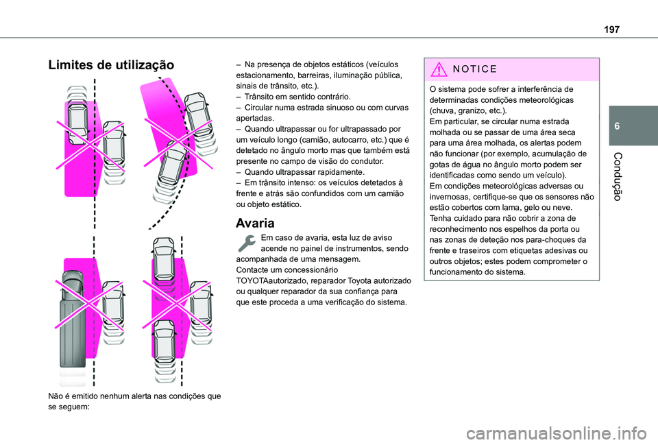 TOYOTA PROACE CITY VERSO EV 2021  Manual de utilização (in Portuguese) 197
Condução
6
Limites de utilização 
  
 
Não é emitido nenhum alerta nas condições que se seguem:
– Na presença de objetos estáticos (veículos estacionamento, barreiras, iluminação p