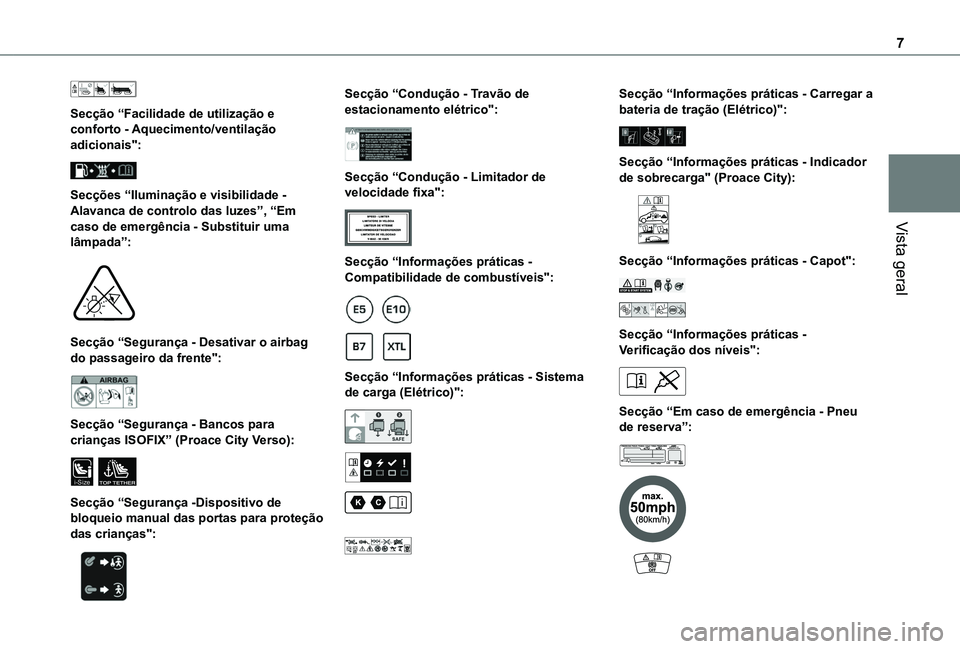 TOYOTA PROACE CITY VERSO EV 2021  Manual de utilização (in Portuguese) 7
Vista geral
 
Secção “Facilidade de utilização e conforto - Aquecimento/ventilação adicionais": 
 
Secções “Iluminação e visibilidade - Alavanca de controlo das luzes”, “Em cas