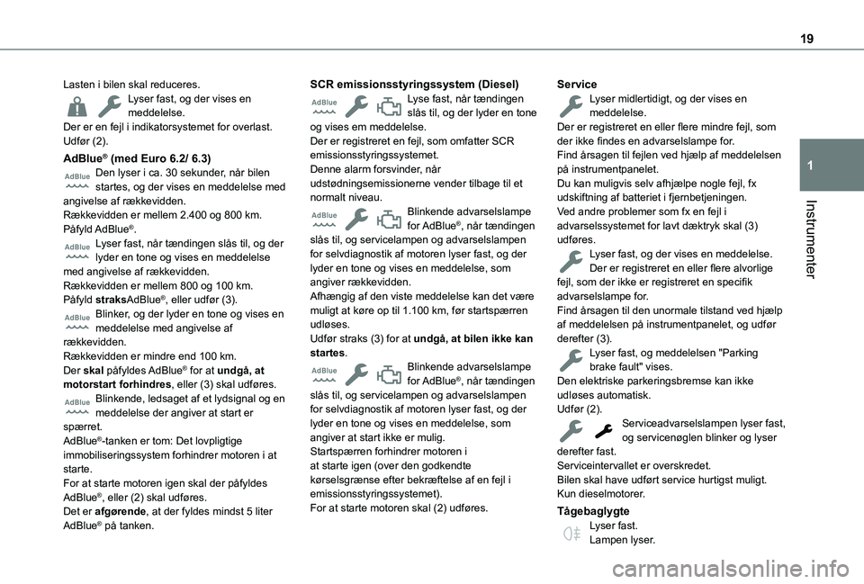 TOYOTA PROACE CITY VERSO EV 2021  Brugsanvisning (in Danish) 19
Instrumenter
1
Lasten i bilen skal reduceres.Lyser fast, og der vises en meddelelse.Der er en fejl i indikatorsystemet for overlast.Udfør (2).
AdBlue® (med Euro 6.2/ 6.3)Den lyser i ca. 30 sekund