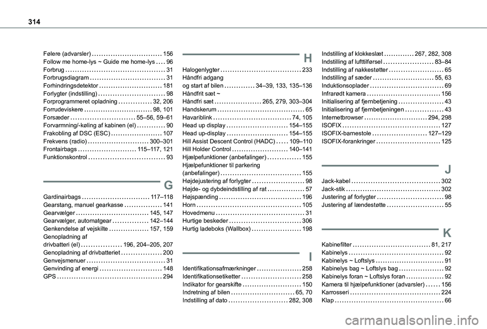TOYOTA PROACE CITY VERSO EV 2021  Brugsanvisning (in Danish) 314
Følere (advarsler)   156Follow me home-lys ~ Guide me home-lys   96Forbrug   31Forbrugsdiagram   31Forhindringsdetektor   181Forlygter (indstilling)   98Forprogrammeret opladning   32, 206Forrude