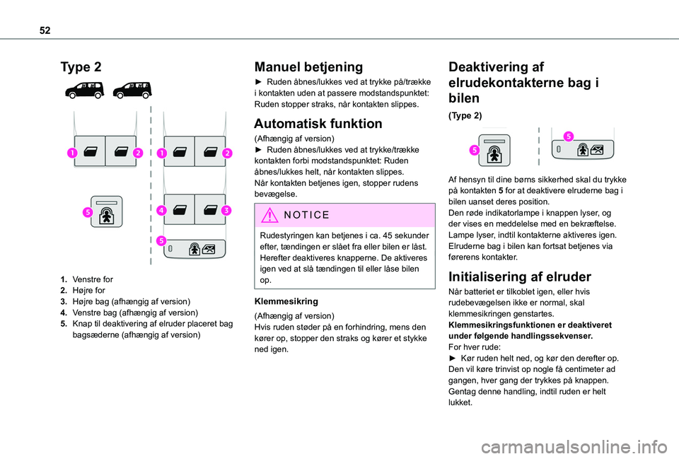 TOYOTA PROACE CITY VERSO EV 2021 Brugsanvisning (in Danish) 52
Type 2
1.Venstre for
2.Højre for
3.Højre bag (afhængig af version)
4.Venstre bag (afhængig af version)
5.Knap til deaktivering af elruder placeret bag bagsæderne (afhængig af version)
Manu TOYOTA PROACE CITY VERSO EV 2021 Brugsanvisning (in Danish) 52
Type 2
1.Venstre for
2.Højre for
3.Højre bag (afhængig af version)
4.Venstre bag (afhængig af version)
5.Knap til deaktivering af elruder placeret bag bagsæderne (afhængig af version)
Manu