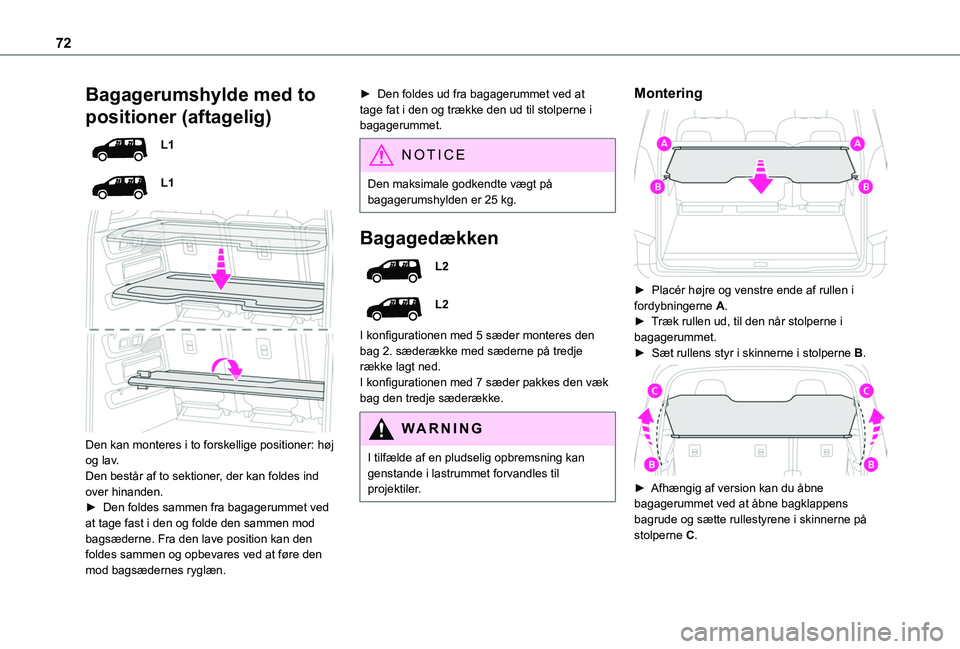TOYOTA PROACE CITY VERSO EV 2021  Brugsanvisning (in Danish) 72
Bagagerumshylde med to 
positioner (aftagelig)
L1
L1
 
 
Den kan monteres i to forskellige positioner: høj og lav.Den består af to sektioner, der kan foldes ind over hinanden.► Den foldes samme