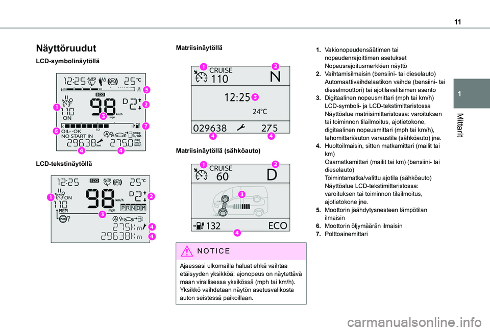 TOYOTA PROACE CITY VERSO EV 2021  Omistajan Käsikirja (in Finnish) 11
Mittarit
1
Näyttöruudut
LCD-symbolinäytöllä 
 
LCD-tekstinäytöllä 
 
Matriisinäytöllä 
 
Matriisinäytöllä (sähköauto) 
 
NOTIC E
Ajaessasi ulkomailla haluat ehkä vaihtaa etäisyyde