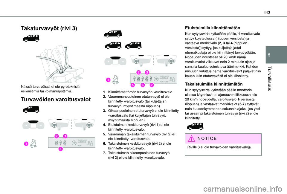 TOYOTA PROACE CITY VERSO EV 2021  Omistajan Käsikirja (in Finnish) 11 3
Turvallisuus
5
Takaturvavyöt (rivi 3) 
  
 
Näissä turvavöissä ei ole pyroteknisiä esikiristimiä tai voimanrajoittimia.
Turvavöiden varoitusvalot 
  
 
 
  
  
 
1.Kiinnittämättömän t