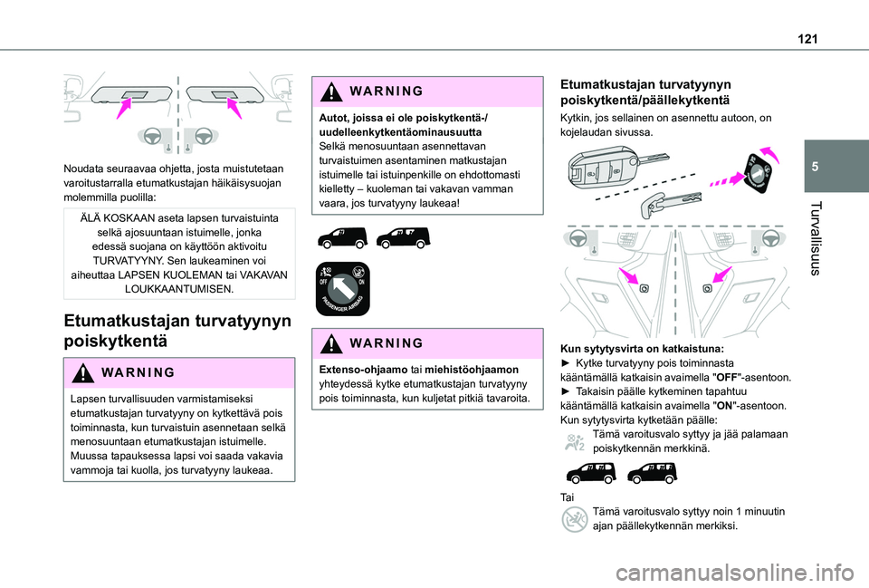TOYOTA PROACE CITY VERSO EV 2021  Omistajan Käsikirja (in Finnish) 121
Turvallisuus
5 
Noudata seuraavaa ohjetta, josta muistutetaan varoitustarralla etumatkustajan häikäisysuojan molemmilla puolilla:
ÄLÄ KOSKAAN aseta lapsen turvaistuinta selkä ajosuuntaan istu