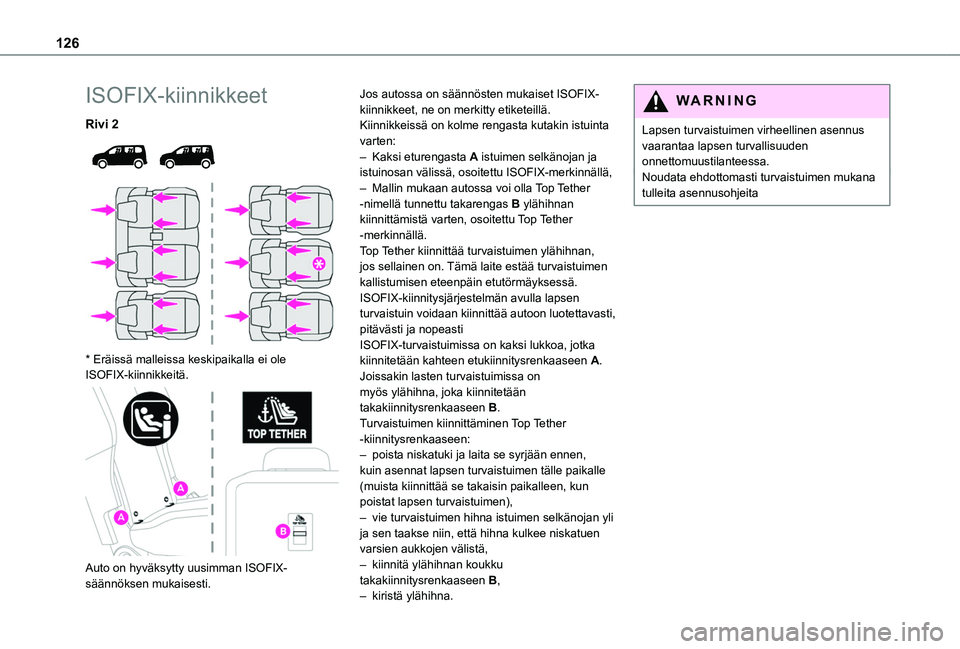 TOYOTA PROACE CITY VERSO EV 2021  Omistajan Käsikirja (in Finnish) 126
ISOFIX-kiinnikkeet
Rivi 2 
  
 
* Eräissä malleissa keskipaikalla ei ole ISOFIX-kiinnikkeitä. 
 
Auto on hyväksytty uusimman ISOFIX-säännöksen mukaisesti.
Jos autossa on säännösten mukai