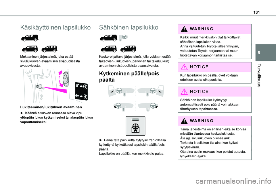 TOYOTA PROACE CITY VERSO EV 2021 Omistajan Käsikirja (in Finnish) 131
Turvallisuus
5
Käsikäyttöinen lapsilukko
Mekaaninen järjestelmä, joka estää sivuliukuoven avaamisen sisäpuolisesta avausvivusta.
Lukitseminen/lukituksen avaaminen
► Käännä TOYOTA PROACE CITY VERSO EV 2021 Omistajan Käsikirja (in Finnish) 131
Turvallisuus
5
Käsikäyttöinen lapsilukko
Mekaaninen järjestelmä, joka estää sivuliukuoven avaamisen sisäpuolisesta avausvivusta.
Lukitseminen/lukituksen avaaminen
► Käännä
