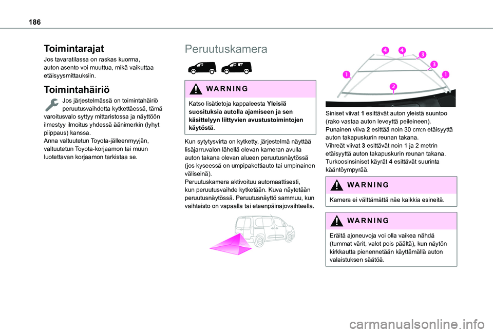 TOYOTA PROACE CITY VERSO EV 2021  Omistajan Käsikirja (in Finnish) 186
Toimintarajat
Jos tavaratilassa on raskas kuorma, auton asento voi muuttua, mikä vaikuttaa etäisyysmittauksiin.
Toimintahäiriö
Jos järjestelmässä on toimintahäiriö peruutusvaihdetta kytke