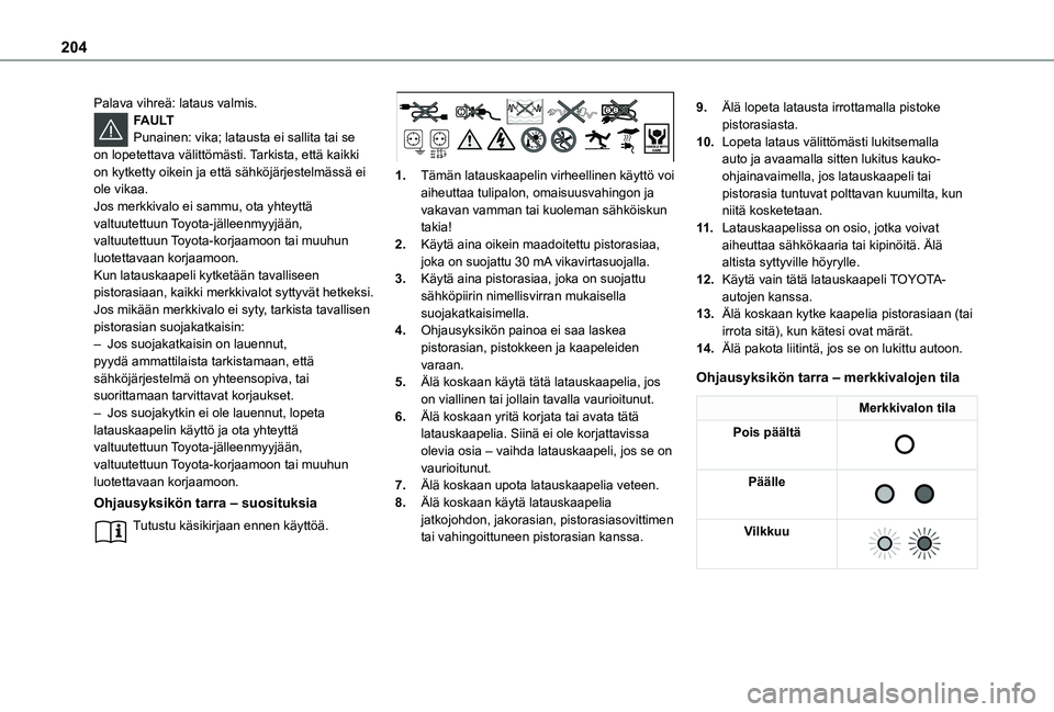 TOYOTA PROACE CITY VERSO EV 2021 Omistajan Käsikirja (in Finnish) 204
Palava vihreä: lataus valmis.FAULTPunainen: vika; latausta ei sallita tai se on lopetettava välittömästi. Tarkista, että kaikki on kytketty oikein ja että sähköjärjestelmässä ei ole vik TOYOTA PROACE CITY VERSO EV 2021 Omistajan Käsikirja (in Finnish) 204
Palava vihreä: lataus valmis.FAULTPunainen: vika; latausta ei sallita tai se on lopetettava välittömästi. Tarkista, että kaikki on kytketty oikein ja että sähköjärjestelmässä ei ole vik